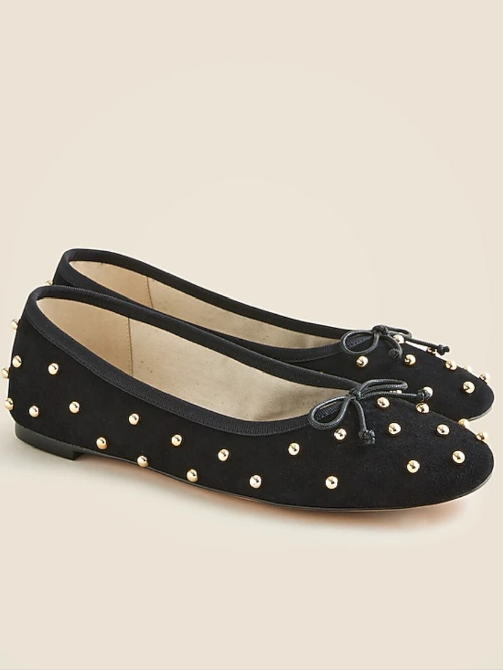 J. Crew Black Suede Ballet Flats with Gold Studs and Bow